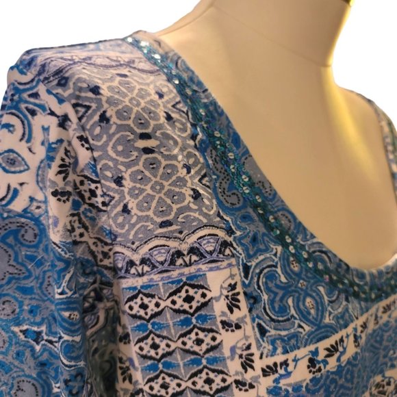 Jessica London Blue Blouse Patchwork Sequin Accents 3/4 Sleeves 26/28 JJ3284 - Picture 3 of 10